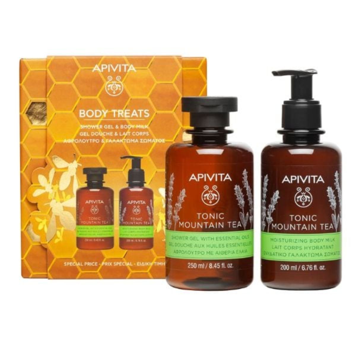Apivita Body Treats Promo με Tonic Mountain Tea Αφρόλουτρο με Αιθέρια Έλαια, 250ml & Tonic Mountain Γαλάκτωμα Σώματος, 200ml, 1σετ
