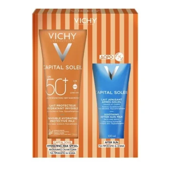 Vichy Promo Capital Soleil Ενυδατικό Προστατευτικό Γαλάκτωμα Σώματος SPF50+, 300ml & Δώρο Καταπραϋντικό Γαλάκτωμα Μετά τον Ήλιο για Πρόσωπο & Σώμα, 100ml, 1 σετ